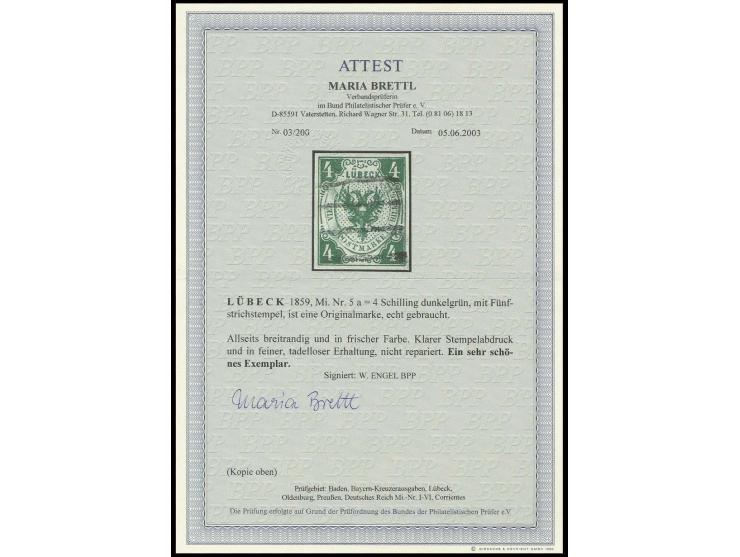 4 Sch. dunkelgrün, allseits breitrandig mit sauber aufgesetztem Strichstempel, Luxus, sign. W. Engel BPP und Fotoattest Brett