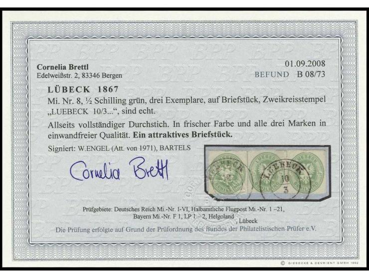 1863, durchstochen: ½ Sch. dunkelgelblichgrün, 3 sehr gut durchstochene Exemplare als Streifen geklebt mit 2 kleinen DKr. "LU