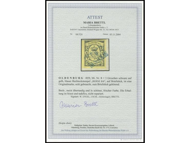 3 Gr. auf gelb, voll- bis meist überrandig und farbfrisch mit klarem Ra2 "BERNE 8/6" auf Briefstück, Kabinett, mehrfach sign.