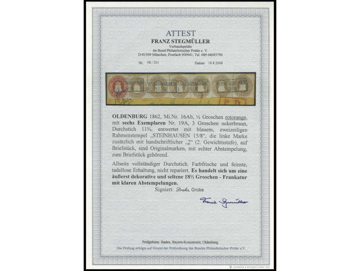3 Gr. ockerbraun, 6 Einzelwerte zusammen mit ½ Gr. rotorange, paarweise entwertet durch blauen Ra2 "STEINHAUSEN 15/8" sowie d