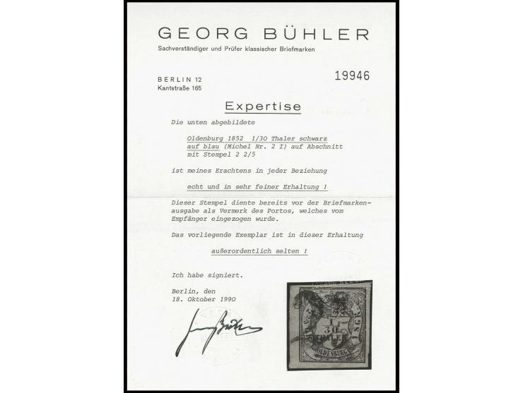 STEMPEL: "2 2/5", Taxstempel von Abehausen voll abgeschlagen auf 1/30 Th. auf blau in Type I, farbfrisch und allseits breit- 