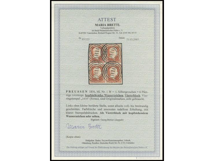 1850, 6 Pfg. rotorange mit kopfstehendem Wz. im 4er-Block, links oben kleine Stelle berührt, sonst allseits voll- bis breitra