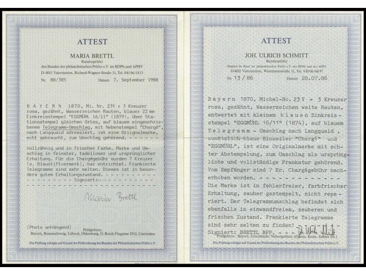3 Kreuzer rosa, farbfrisch und gut gezähnt mit blauem EKr. "EGGMÜHL 16/11" (1874) auf blauem eingeschriebenem Telegramm-Umsch