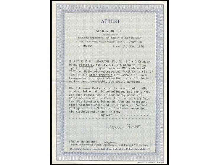 1849, 3 Kreuzer blau, Platte 1, in sehr tiefer Farbe und voll- bis meist breitrandig mit Teilen der Zwischenlinien an drei Se
