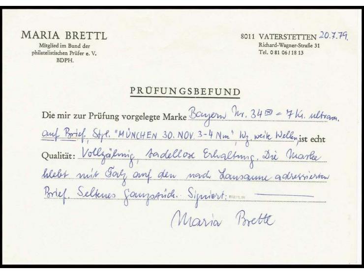 7 Kreuzer dunkelultramarin, farbfrisch und gut gezähnt mit EKr. "MÜNCHEN 30 NOV." (1875) auf Briefkuvert nach Lausanne mit rü