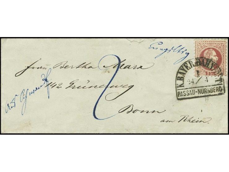 "K Bayer. Bahnpost Passau-Nürnberg 24/4", klarer Halbkreisstempel auf Österreich 1867, 5 Kreuzer rot, grober Druck, auf Damen