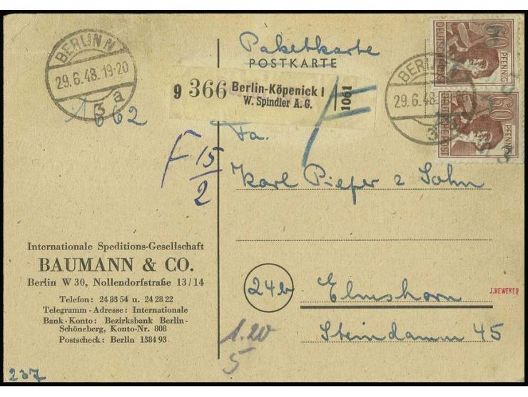 "3/Berlin 3" auf 60 Pfg. karminbraun (Aufdruck nach Handbuck Nr. 3/1a in graugrün), 2 Werte als portogerechte Mehrfachfrankat