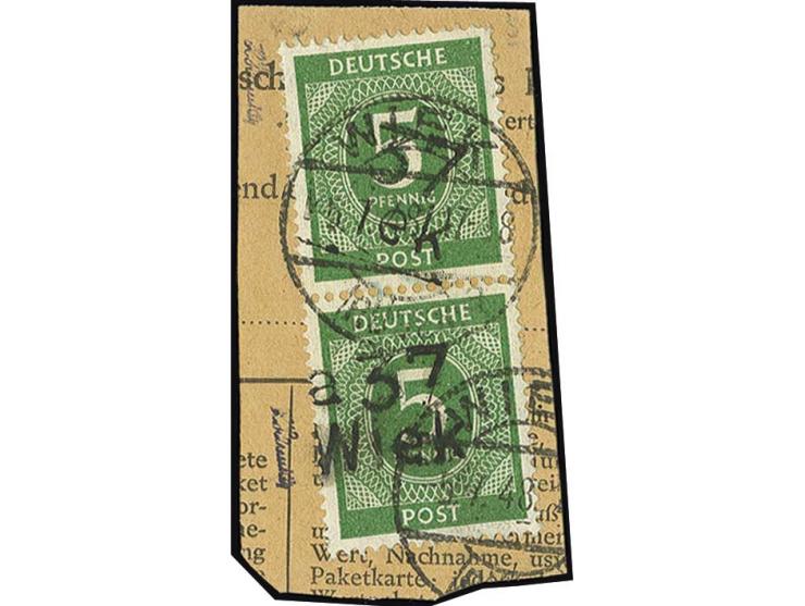 "37/Wiek a" auf Ziffer 5 Pfg. im senkrechten Paar auf Paketkarten-Briefstück, obere Marke rechts mit minimal kurzen Zähnen, s