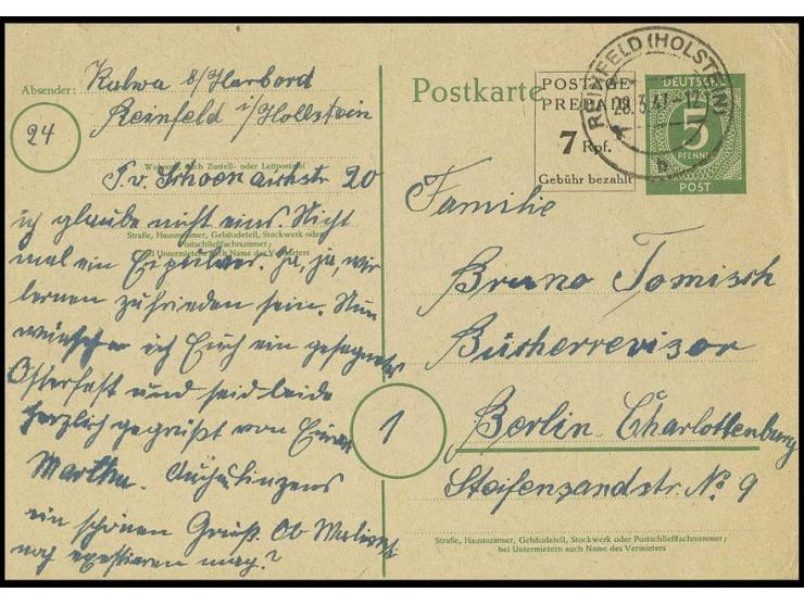 GANZSACHEN: 1946, Karte 7 Pfg. schwarz neben 5 Pfg. grün, bedarfsgebraucht von "RHEINFELD (HOLSTEIN) 28.3.47" nach Berlin, Ec