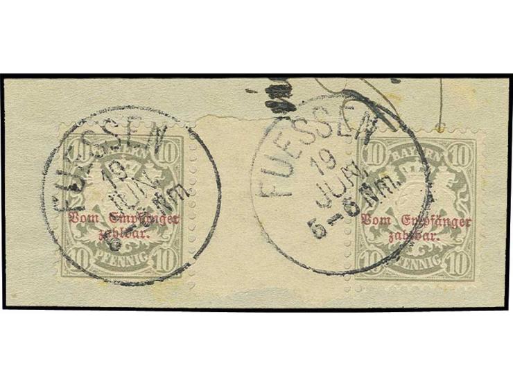 1882, 10 Pfennig grünlichgrau im waagerechten Zwischenstegpaar mit sauberem EKr. "FÜSSEN 19 JUN." auf Briefstück einer Zustel