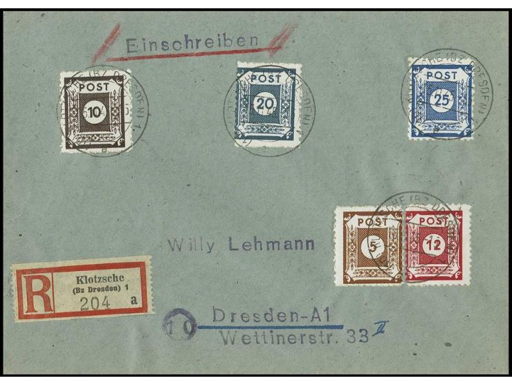 Postmeistertrennungen: Klotzsche, 5, 10, 12, 20 und 25 Pfg., jeweils sauber gestempelt "KLOTZSCHE 15.11.45" auf R-Brief nach 