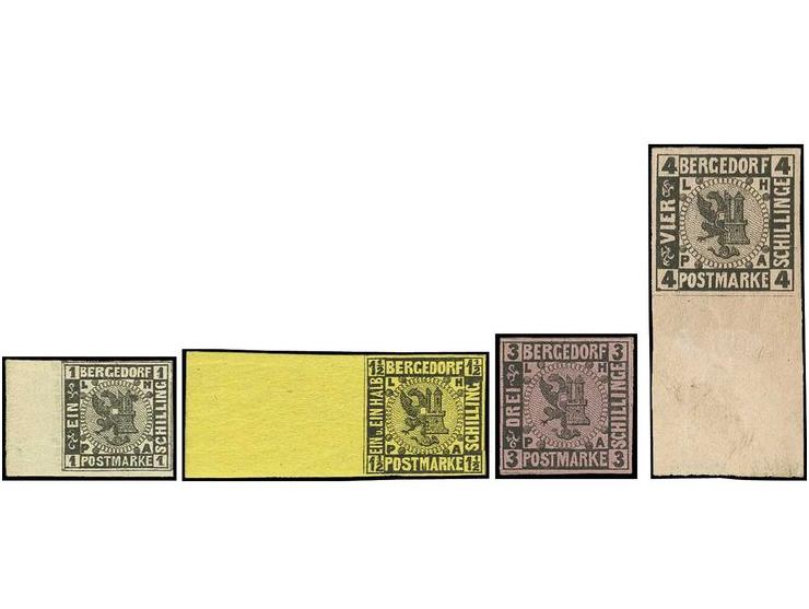 1861, Probedrucke 1 Schilling schwarz, 1 ½ Schilling auf dunkelgelb, 3 Schilling auf dunkelpurpur und 4 Schilling auf rosacha