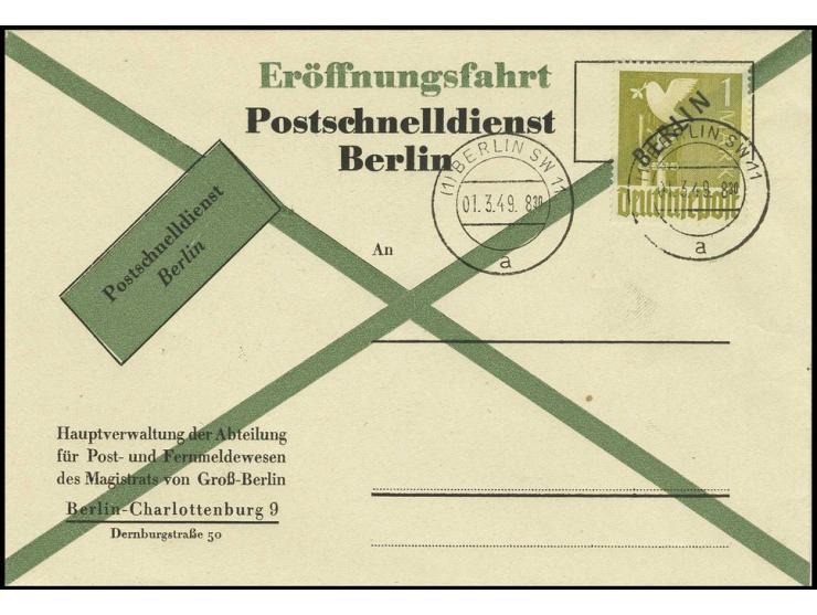 1 M. mit Ersttagsstempel auf Umschlag der Postschnelldienst-Eröffnungsfahrt, Kabinett (Mi. 750,-)