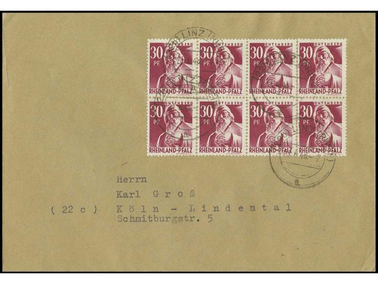 1947, 1. Ausgabe 30 Pfg. im 8er-Block als unbeanstandete portogerechte 10fach-Frankatur auf Brief von "LINZ (RHEIN) 21.6.48" 
