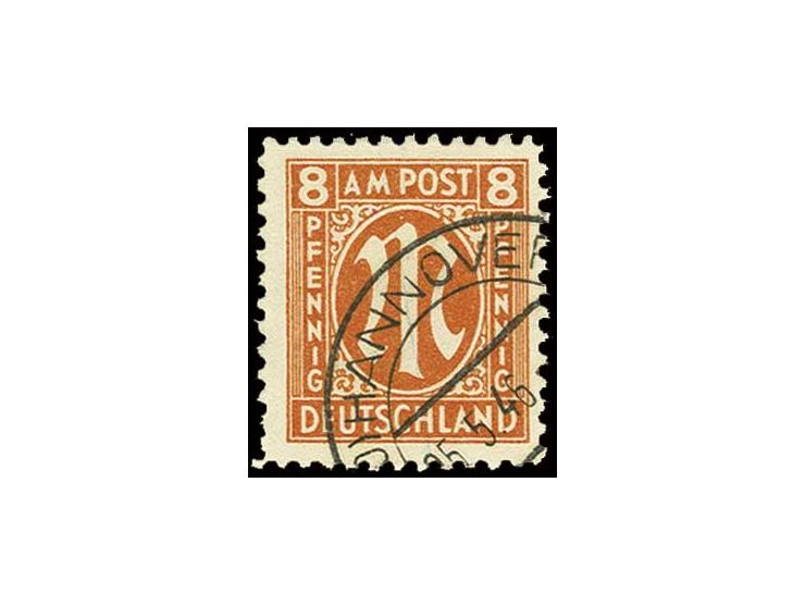 8 Pfg. mit Plattenfehler "Oval oben rechts gebrochen", sehr sauber gestempelt "HANNOVER 25.5.46" (Mi. 750,-)