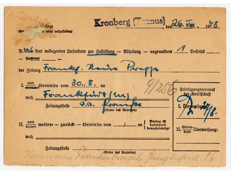 20 Pfg. mit Dreierstreifen 20 Pfg. Netz mit L2 "Frankfurt (M)/Zeitungszustellung" auf Zeitungsbestellung mit Stempel "KRONBER