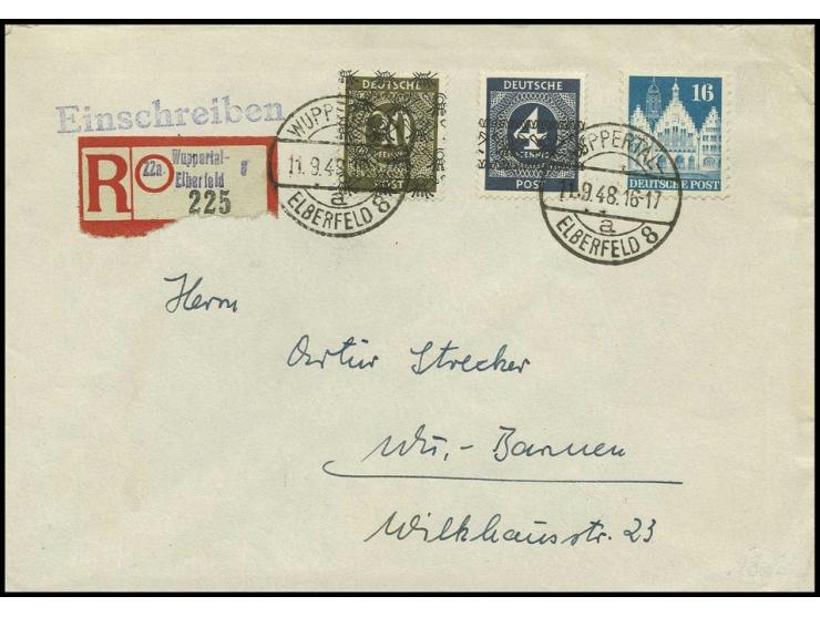 4 Pfg. mit portogerechter Zufrankatur auf R-Ortsbrief aus "WUPPERTAL-ELBERFELD 8 11.9.48", Ankunftsstempel, Kurzbefund D. Sch