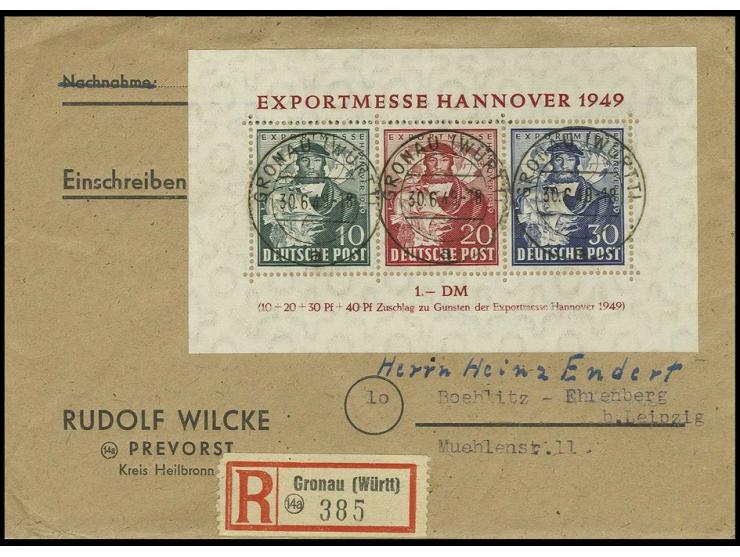 dito, jeder Wert sauber gestempelt "GRONAU (WÜRTT.) 30.6.49" auf portogerechtem R-Brief nach Bölitz mit Ankunftsstempel (Mi. 