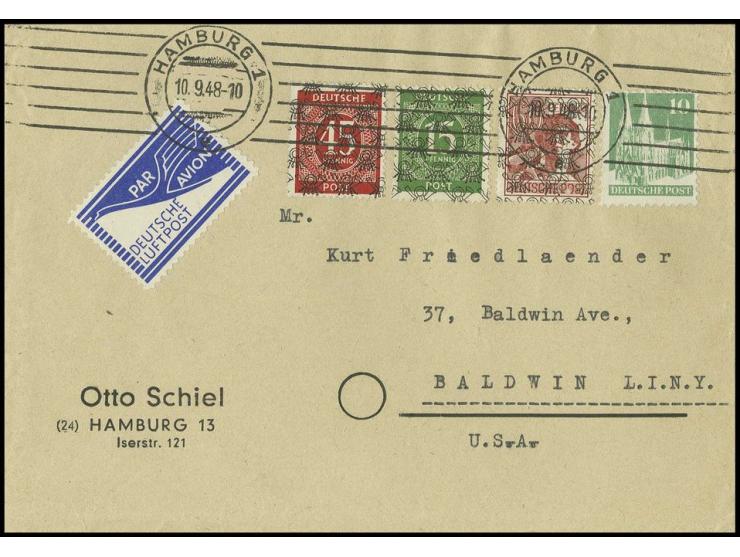 Luftpostbrief bis 20 gr. aus "HAMBURG 10.9." mit Mischfrankatur Bauten 10 Pfg., Ziffer mit Netzaufdruck 15 Pfg. grün und 45 P