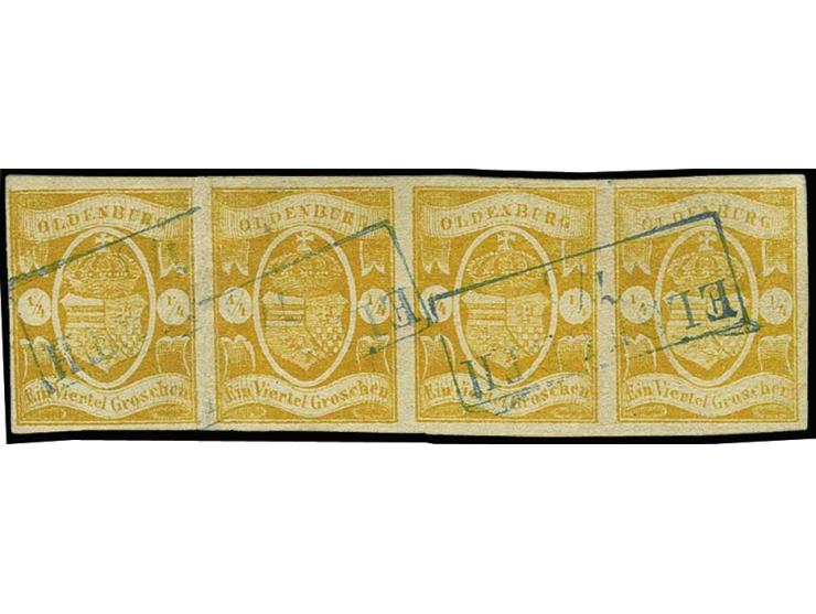 1861, Ausgabe auf weißem Papier ¼ Groschen orange im waagerechten 4er-Streifen, farbfrisch und voll- bis meist breitrandig, s