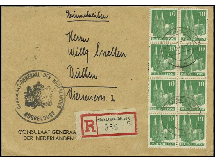 1950, notopferabgabebefreiter R-Brief der 2. Gewichtsstufe vom niederländischen Generalkonsulat mit Bauten 10 Pfg. (8, teils 
