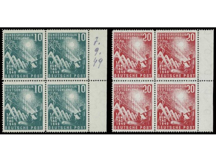 1949, Bundestag 10 und 20 Pfg. in rechten Rand-4er-Blocks, postfrisch, 10 Pfg. mit Kopierstiftbeschriftung im Rand (Mi. 480,-