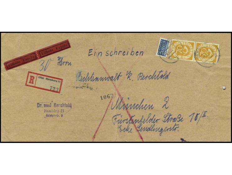 70 Pfg. im senkrechten Paar als portogerechte Mehrfachfrankatur auf Eilboten-R-Brief der 2. Gewichtsstufe von "HAMBURG 3.10.5