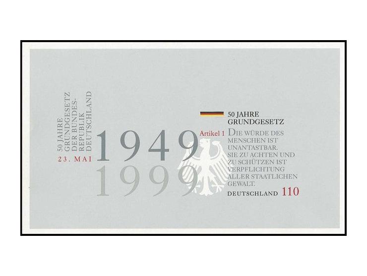 1999, 50 Jahre Grundgesetz-Block 110 Pfg. ungezähnt, postfrisch, rückseitig mit Fingerspur