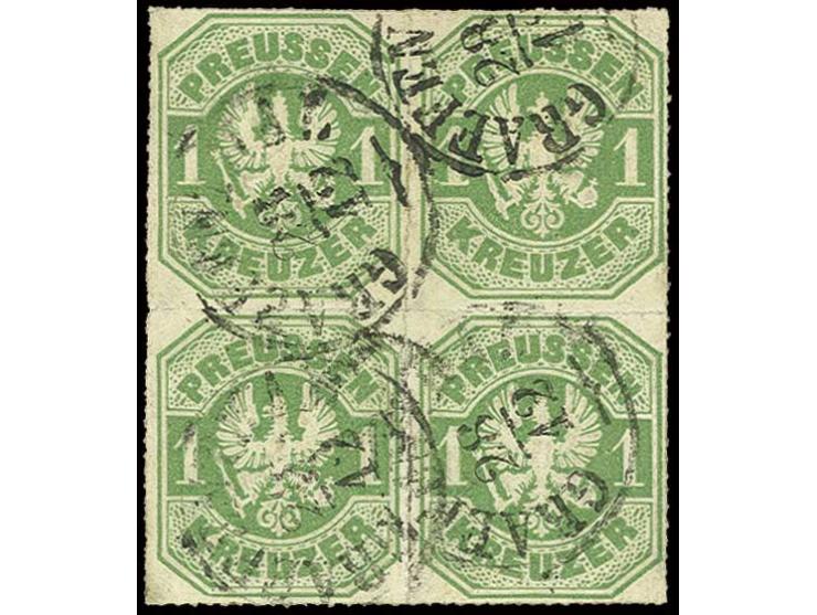 1867, Kreuzer-Ausgabe 1 Kreuzer smaragdgrün im 4er-Block, farbfrisch und einwandfrei durchstochen, entwertet durch Taxis-Eink