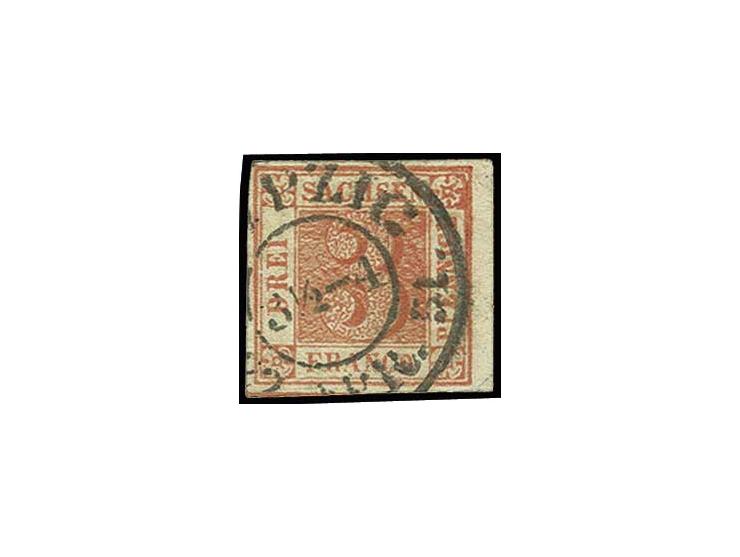 3 Pfennige rot, Platte V, Type 5, besonders schöne leuchtend frische Farbe und allseits voll- bis meist breitrandig, rechts m
