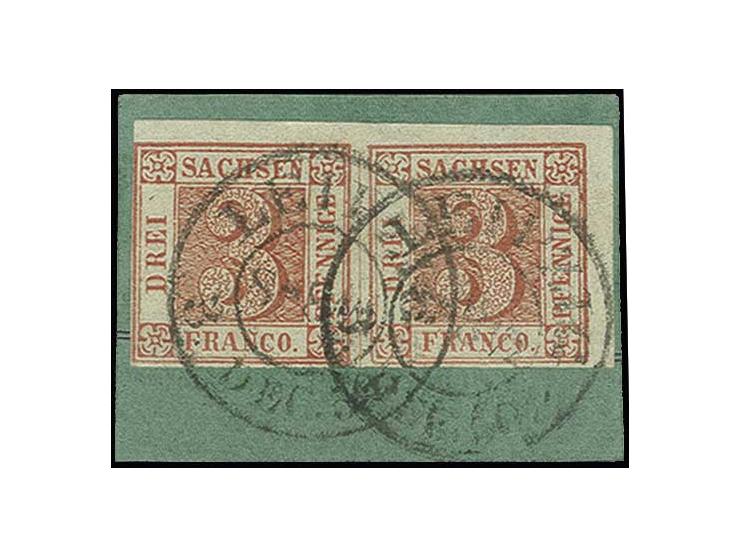 3 Pfennig braunrot, Platte III, waagerechtes Paar der Typen 4 und 5, links lupenrandig, sonst voll- bis überrandig mit 2-2,5 