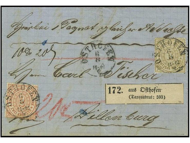 1869, gezähnte Ausgabe 18 Kreuzer olivbraun und 2 Kreuzer orange, beide gut gezähnt und farbfrisch mit jeweils zentrisch aufg