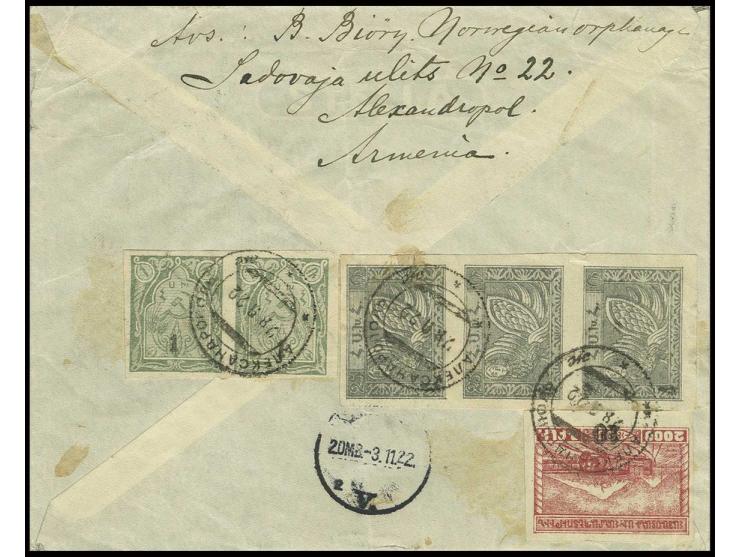 1921, pictorial issue, 1 r. grey-green horizontal pair, 25 r. grey-green vertical strip of three and 2000 r. carmine tied by 