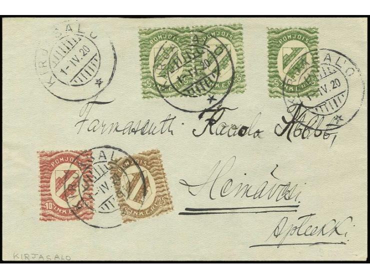 1920, Coat of arms 5 p. as horizontal pair and 5-25 p. single stamp each tied by cds. "KIRJASALO 1- IV 20" to cover to Heinäv