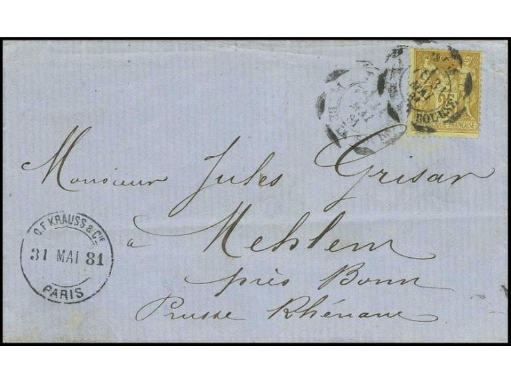 1879, Mouchon 25 C. brun bistre s. jaune avec cachet d'essai "PARIS PL. DE LA BOURSE 31. MAI 81" (Type Yvert 11 "cercle extér