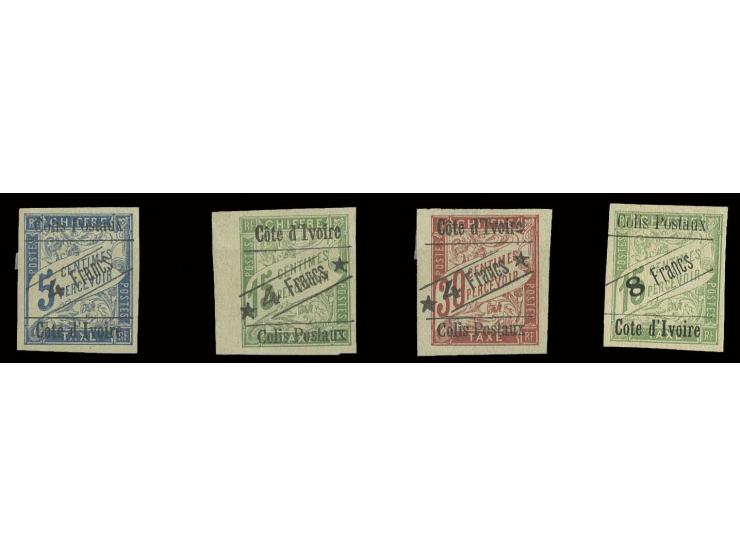 Côte d'Ivoire 1903, 4 fr. sur 5, 15 et 30 c., et 8 fr. sur 15 c., neuf, très beau (Mi. 980,-)