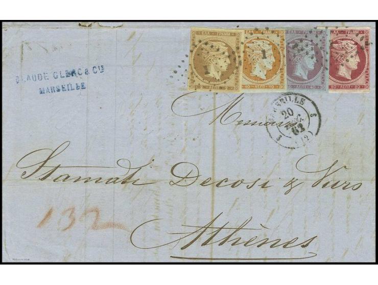 2 l. yellow brown with 1862, 10 l. orange, 40 l. lilac and 80 l. red with clear "1" on entire letter from Marseille 1862 to A