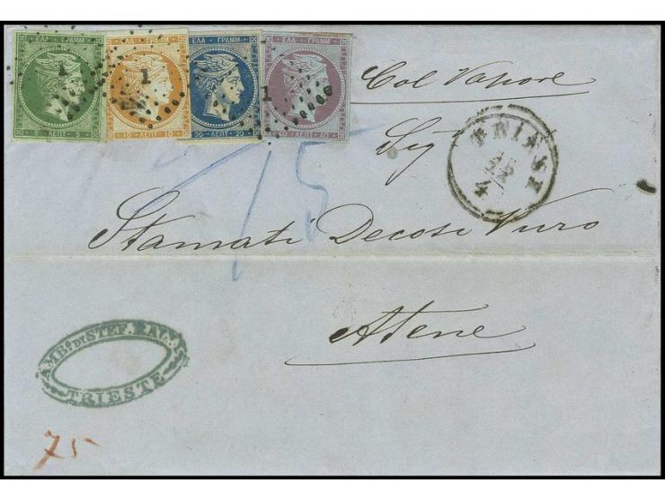 Provosional printing 5 l. green, 10 l. orange, 20 l. blue and 40 l. lilac, neatly cancelled "1" on entire letter from Triest 
