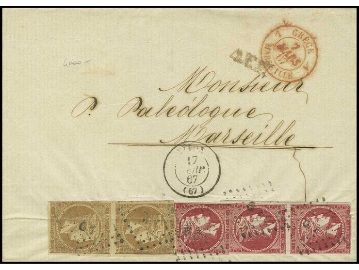 1862, 2 l. yellow brown in vertical pair and 80 l. red, vertical pair and single, tied to folded lettersheet 1867 to Marseill