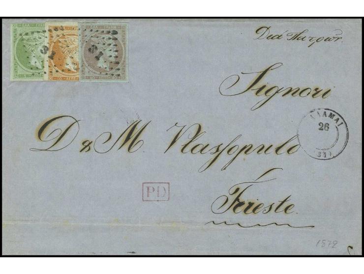 5 l. with 1868, 10 l. orange and 40 l. lilac on entire letter from Kalamai 1872 to Triest
