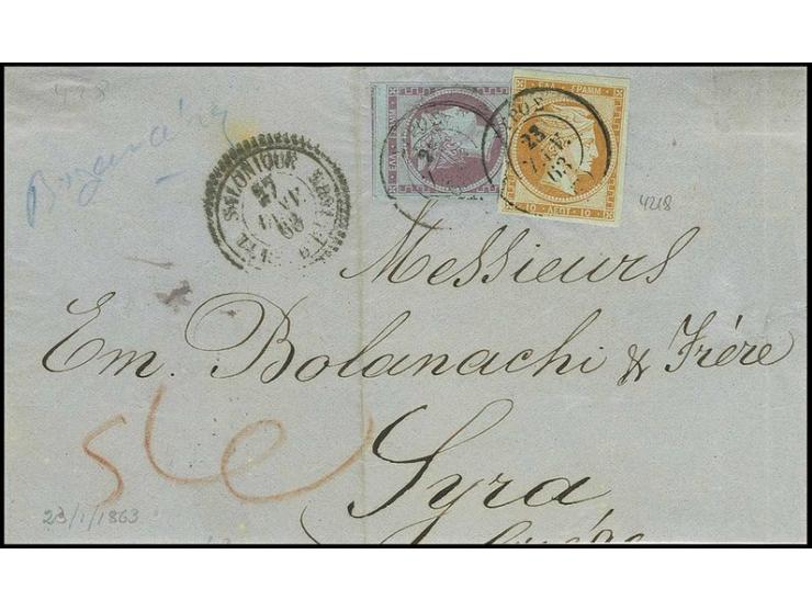 10 l. orange and 40 l. lilac, tied by Syros datestamp to coverfront from French PO at Salonique