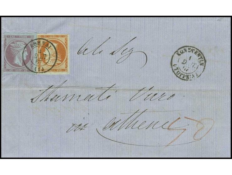 Konstantin: 1867, entire letter to Athens, here taxed and franked with 1862, 10 l. orange and 40 l. violet