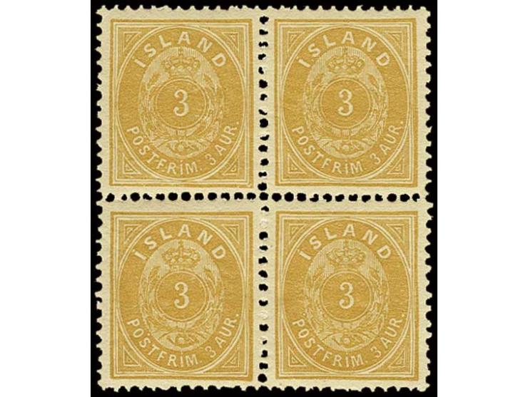 1882, 3 a. yellow, perf. 12 3/4 in block of four, fresh colour in flawless condition, unhinged mint, very fine, certificate D