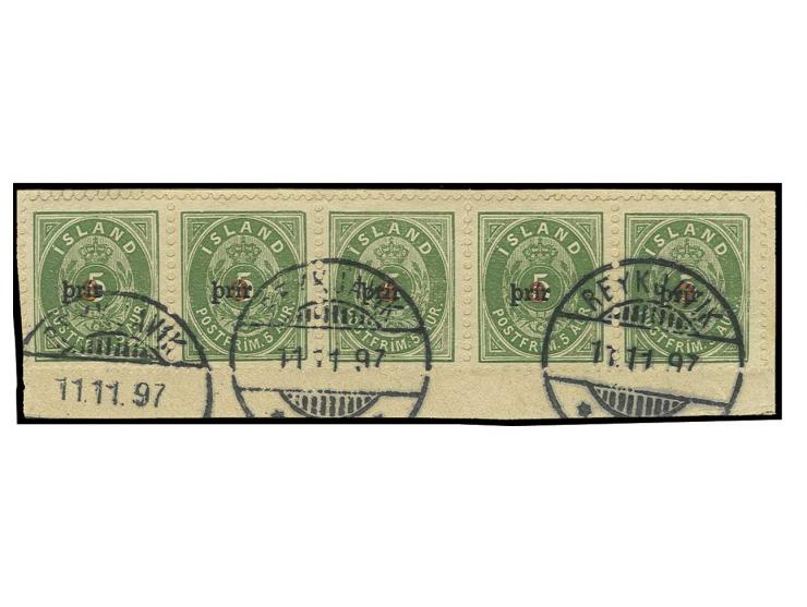 3 on 5 a., type I,  strip of five, tied by  date stamp "REYKJAVIK 11.11.97" to piece, vertical fold  through perforation betw