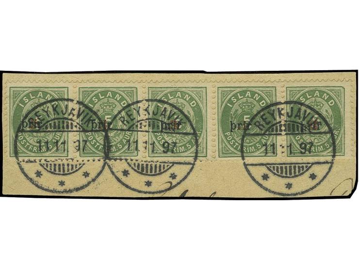 Small overprint 3 on 5 a., horizontal strip of five tied by  date stamp "REYKJAVIK 11.11.97" to piece, left stamp corner perf