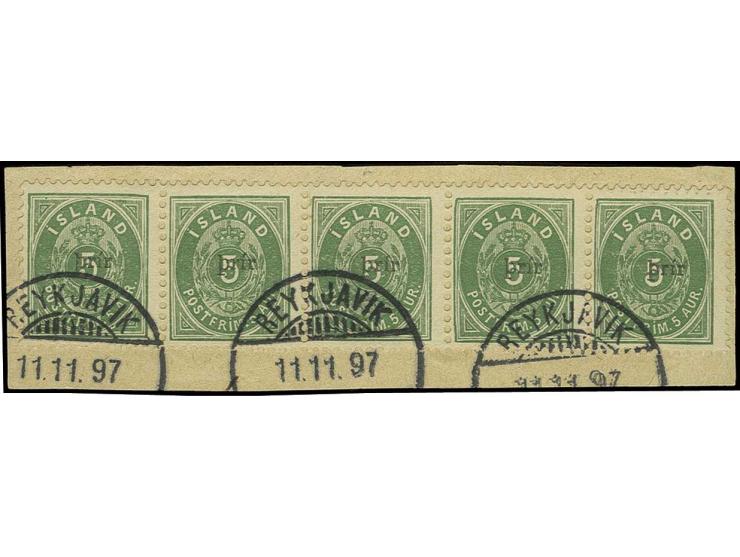 5a., horizontal strip of five tied by  date stamp "REYKJAVIK 11.11.97" to piece, fine and fresh; scarce, certificate Svendsen