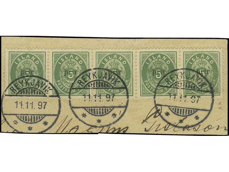 5 a., horizontal strip of five tied by  date stamp "REYKJAVIK 11.11.97" to piece, fine and fresh; scarce, certificate Svendse