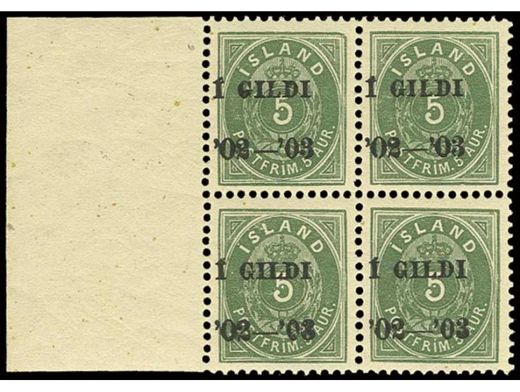 Perf. 12 3/4: 5 a. green with overprint in black, block of four from the left sheet margin, unhinged mint, very fine, sign. G