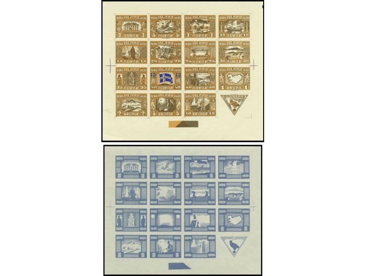 3 a.-10 kr. incl. airmail stamp, 26 imperforated se-tenant proof sheets in different colours, incl. sheets with and without b
