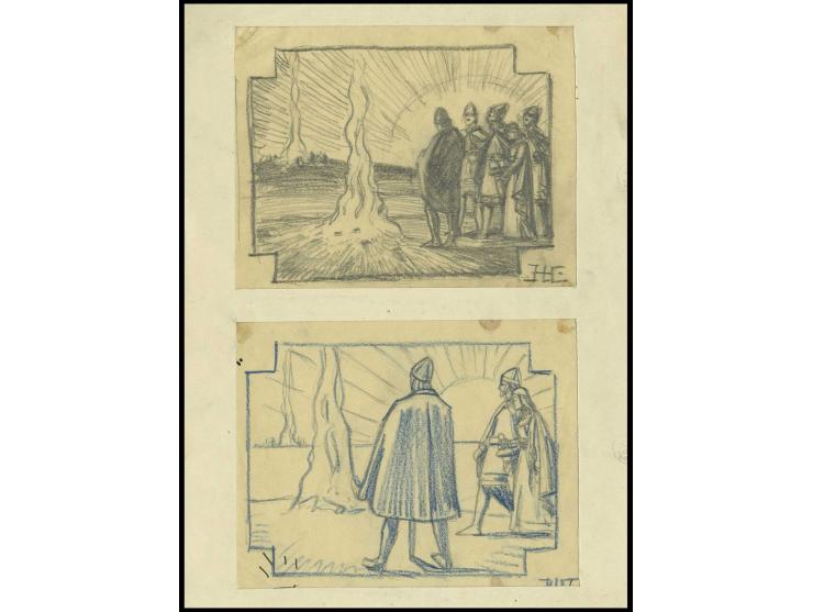 2 original hand drawings by Hesshaimer, essays for the 15 a. value, one in similar design as the issued stamp; ex 'Dr. Gene S